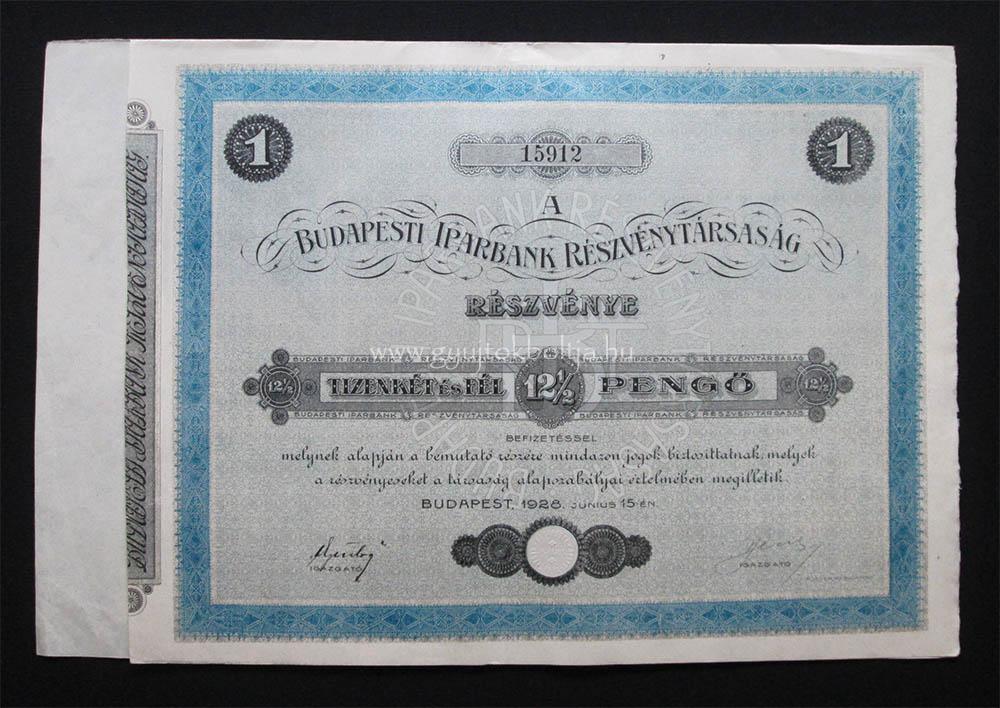 Budapesti Iparbank rszvny 12,5 peng 1928